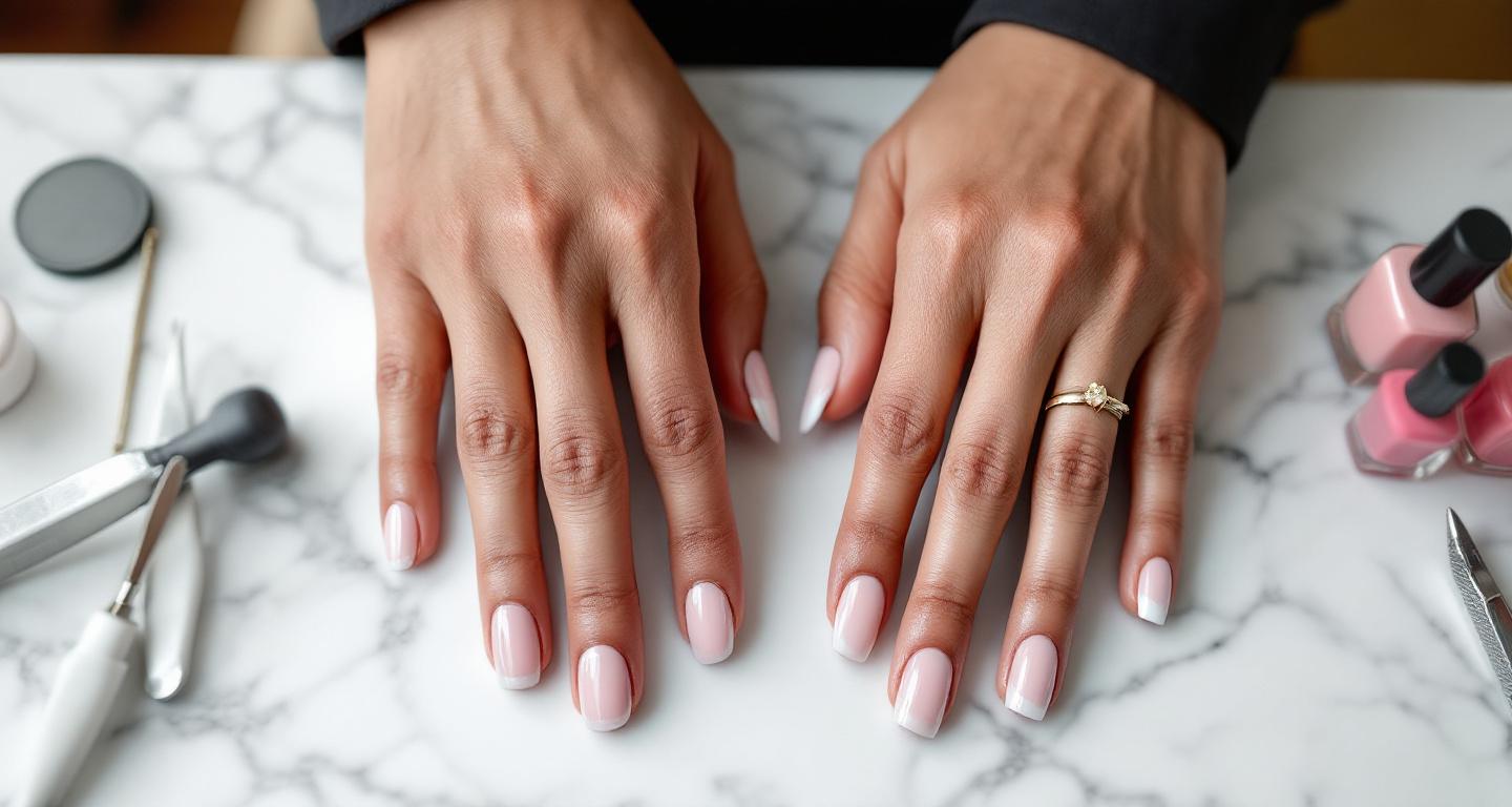 Side-by-side comparison of acrylic nails and silk wrapped nails on hands at nail salon