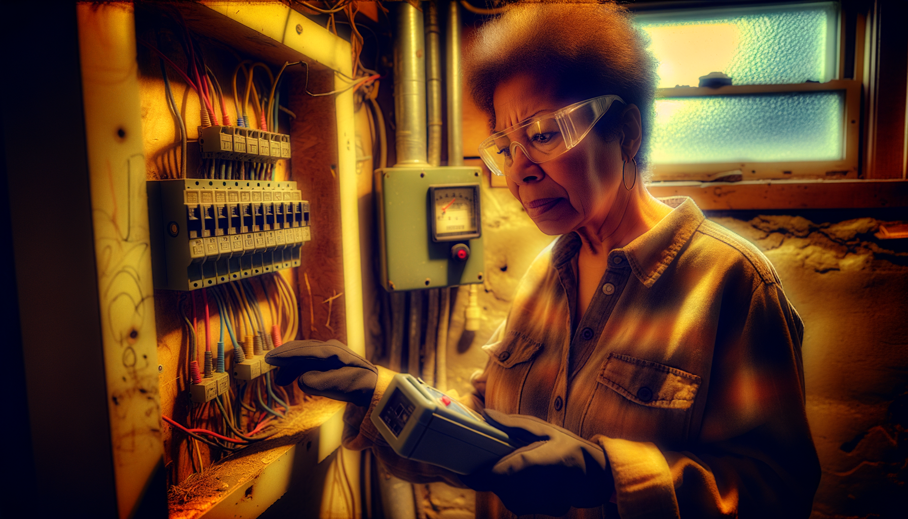 Electrical inspector examining old fuse box in aging home basement