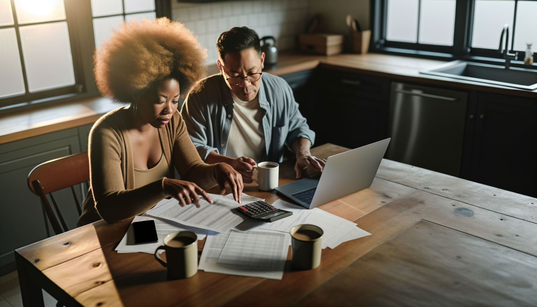Couple reviewing financial documents and planning their annual financial strategy at home