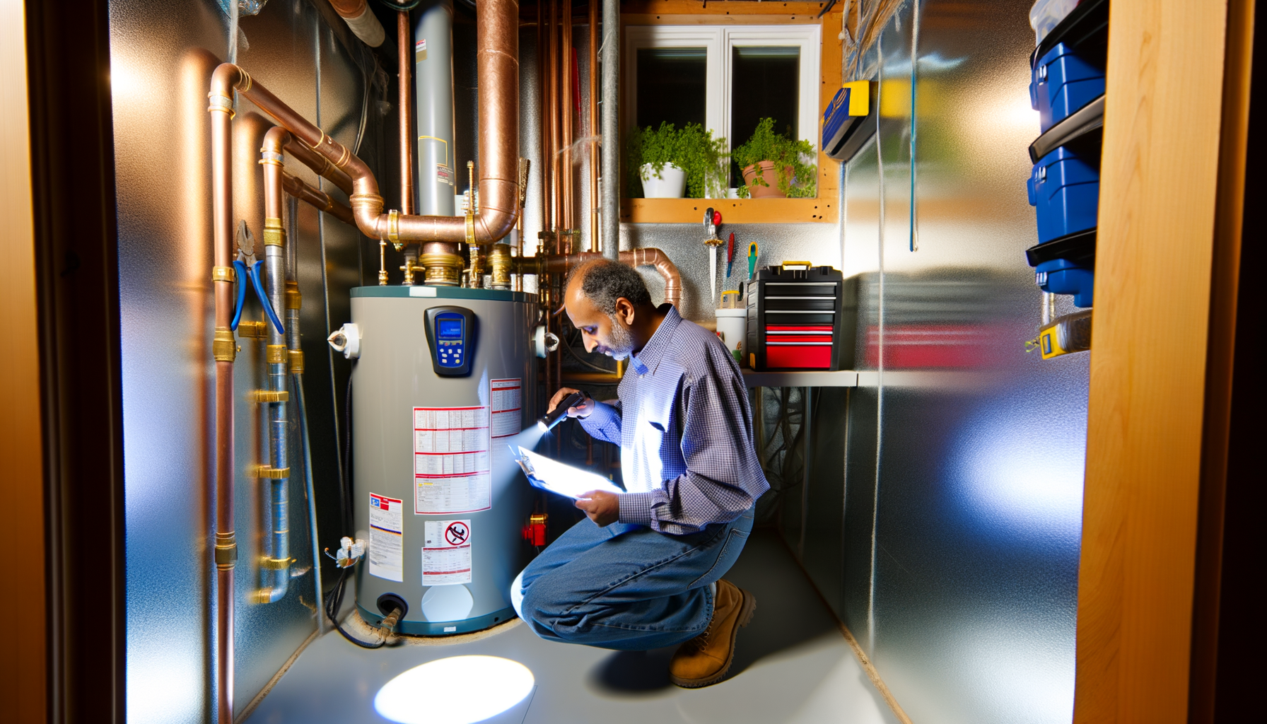 Homeowner performing annual plumbing maintenance inspection in basement utility room