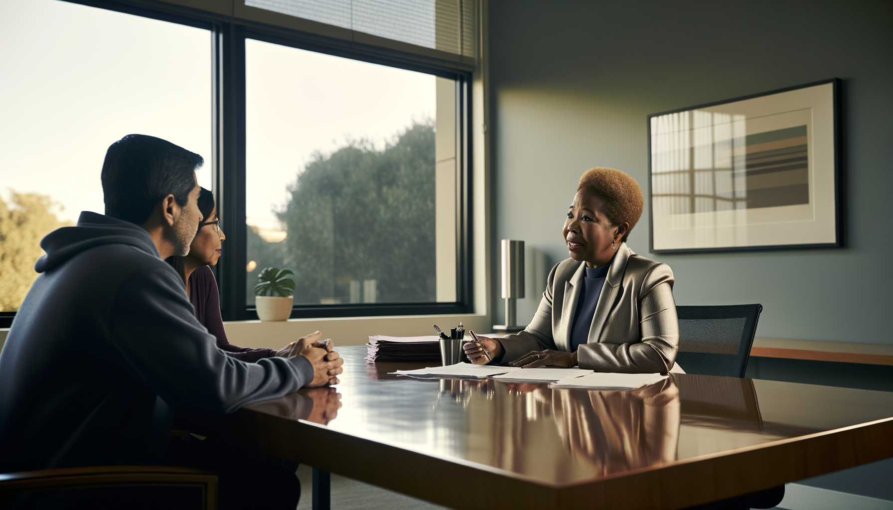 Attorney meeting with clients to discuss legal fees and services in professional office setting