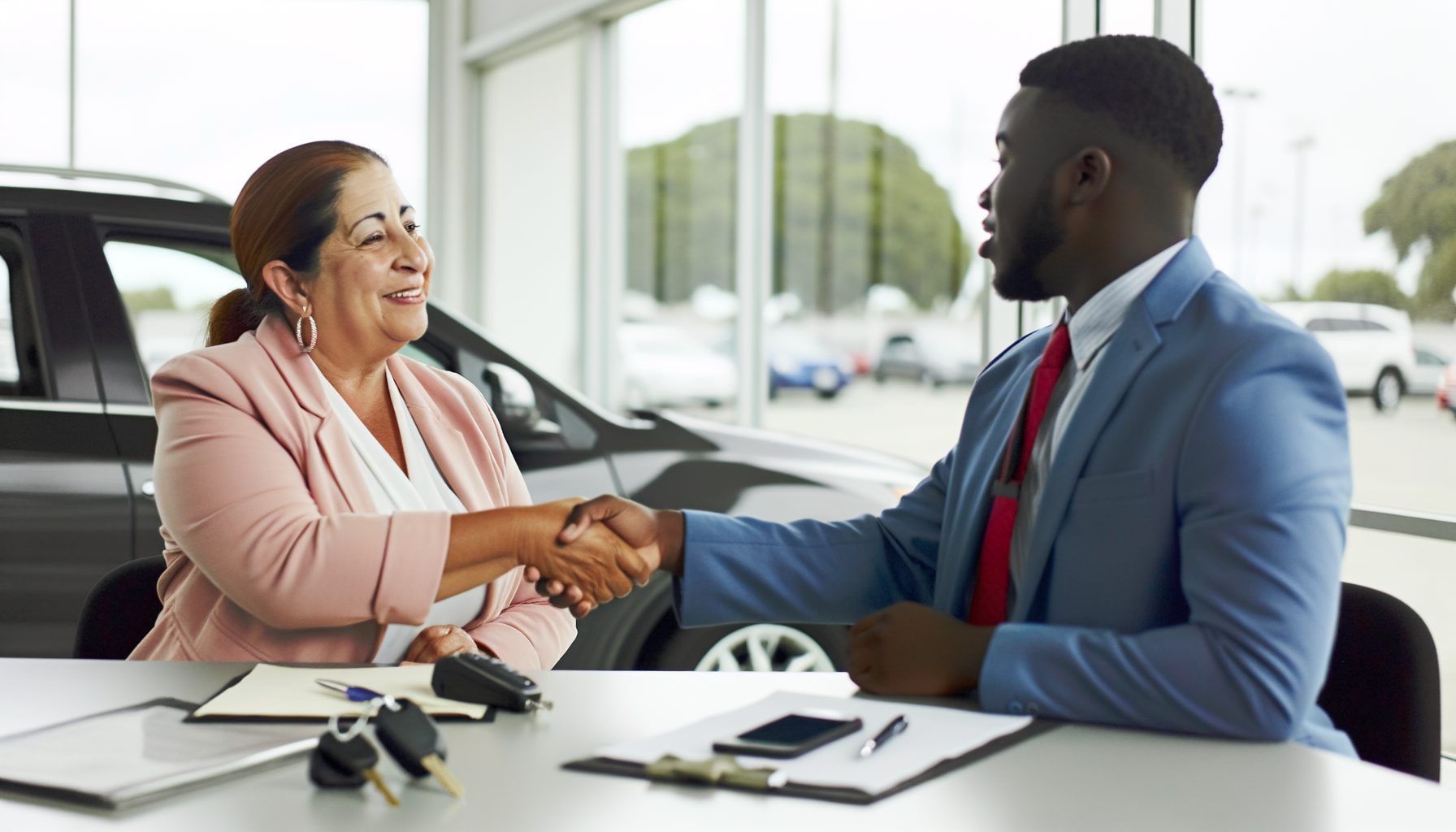 Woman meeting with auto broker discussing car purchase options versus dealership