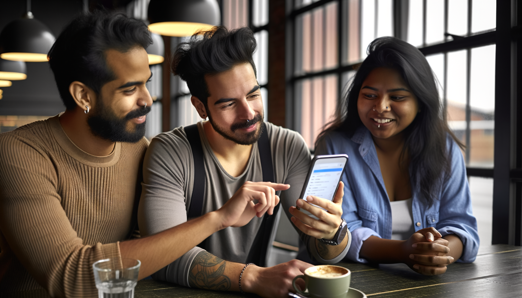 Friends discussing recommendations while reviewing online information on smartphone