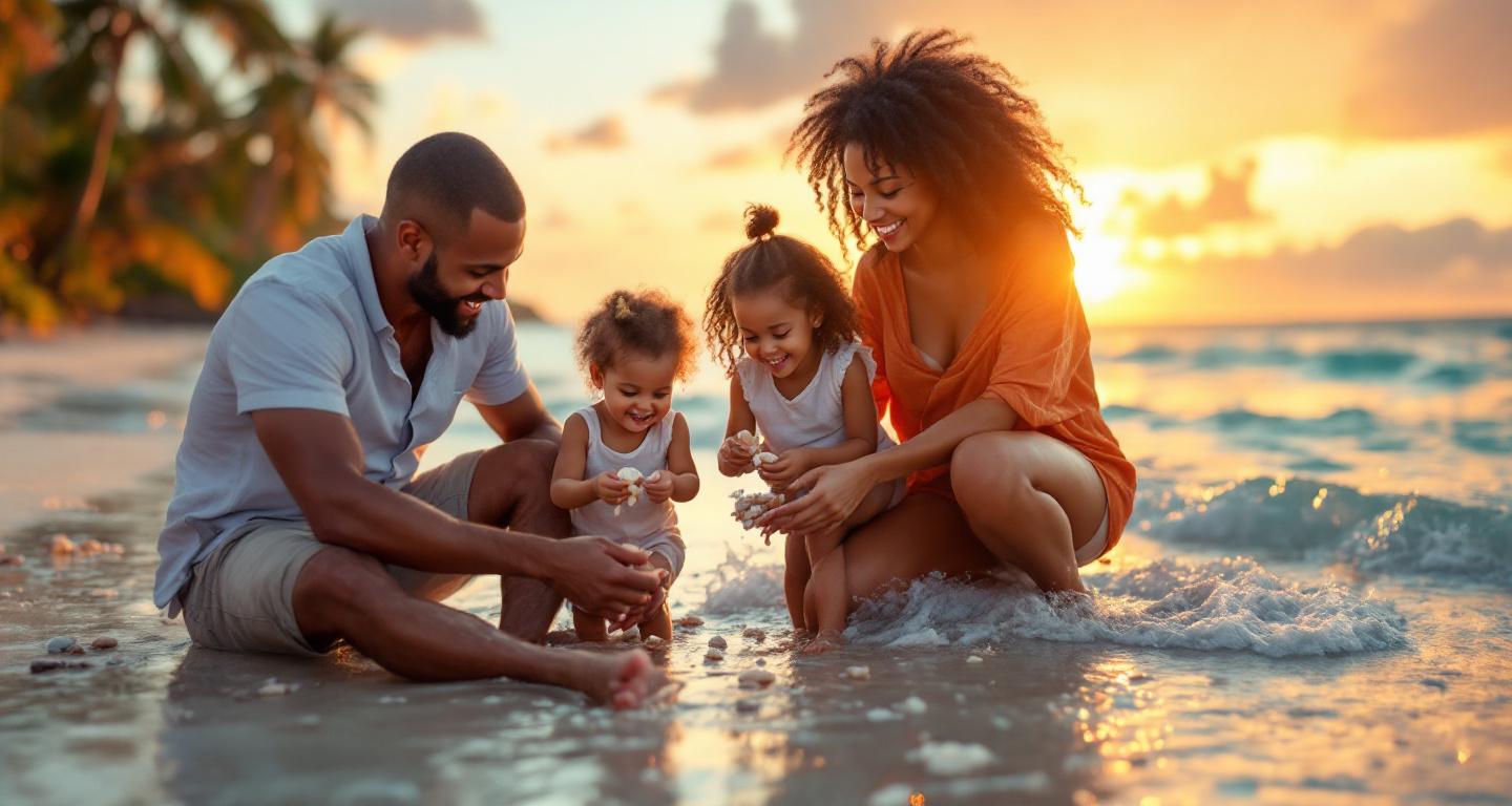 Happy diverse family walking on tropical beach during sunset family vacation