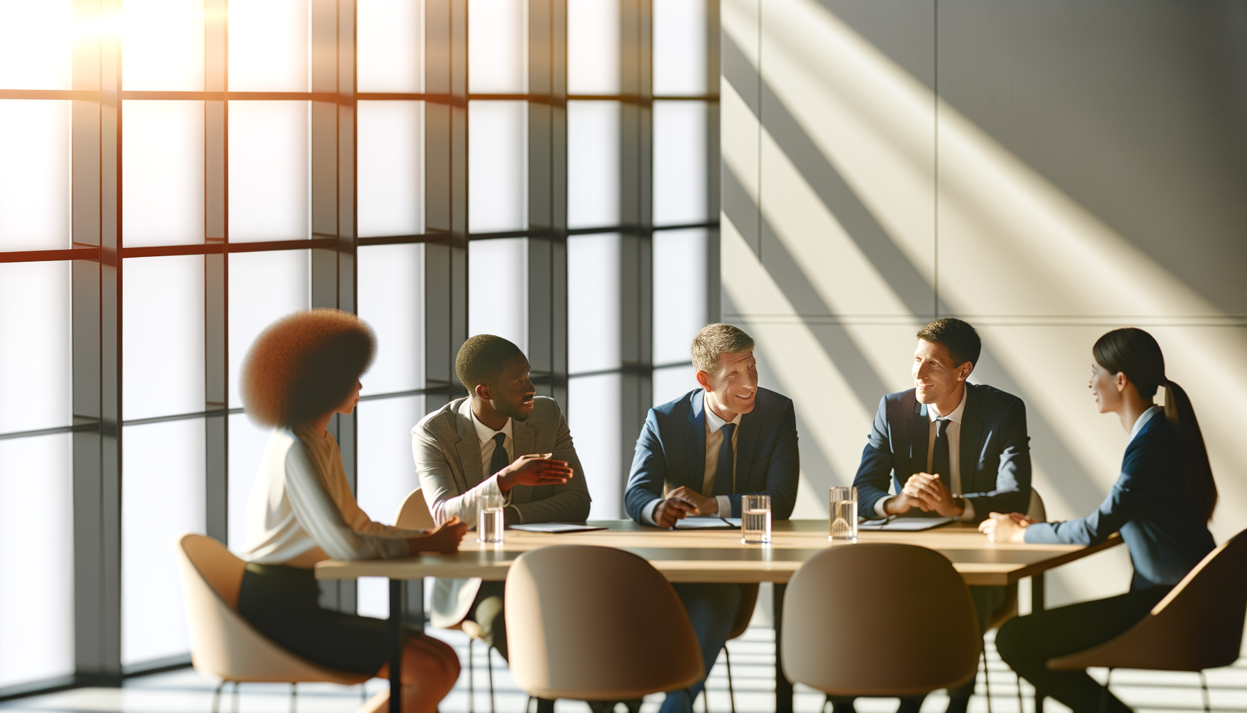 Business professionals engaged in collaborative discussion around conference table