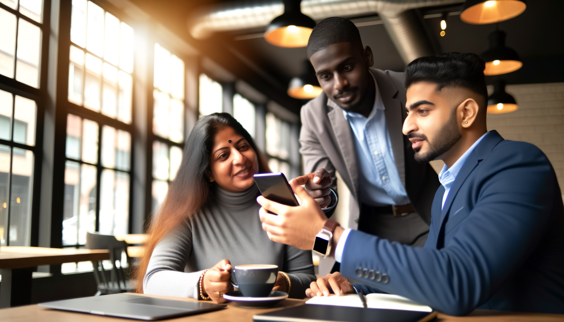 Business professionals networking organically in a coffee shop setting