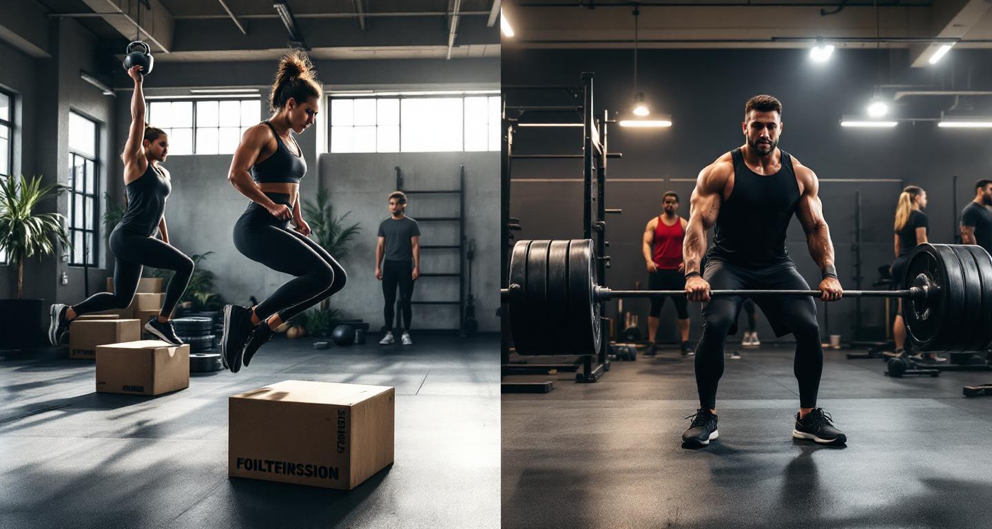 People doing CrossFit functional movements on left and traditional weight lifting on right in modern gym