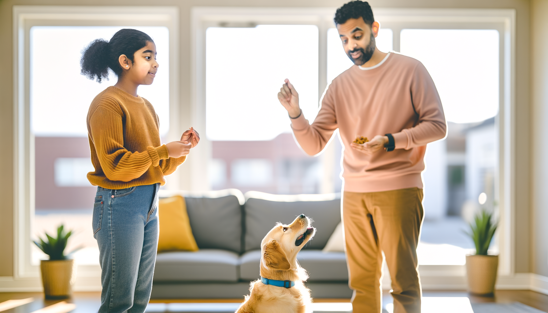 Family practicing pet training commands with their golden retriever in living room