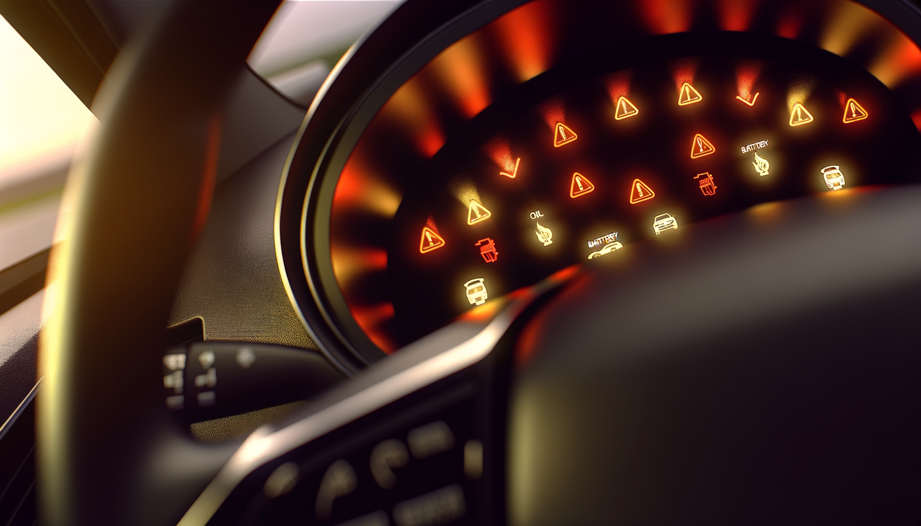 Illuminated dashboard warning lights including check engine, oil, battery, and brake symbols
