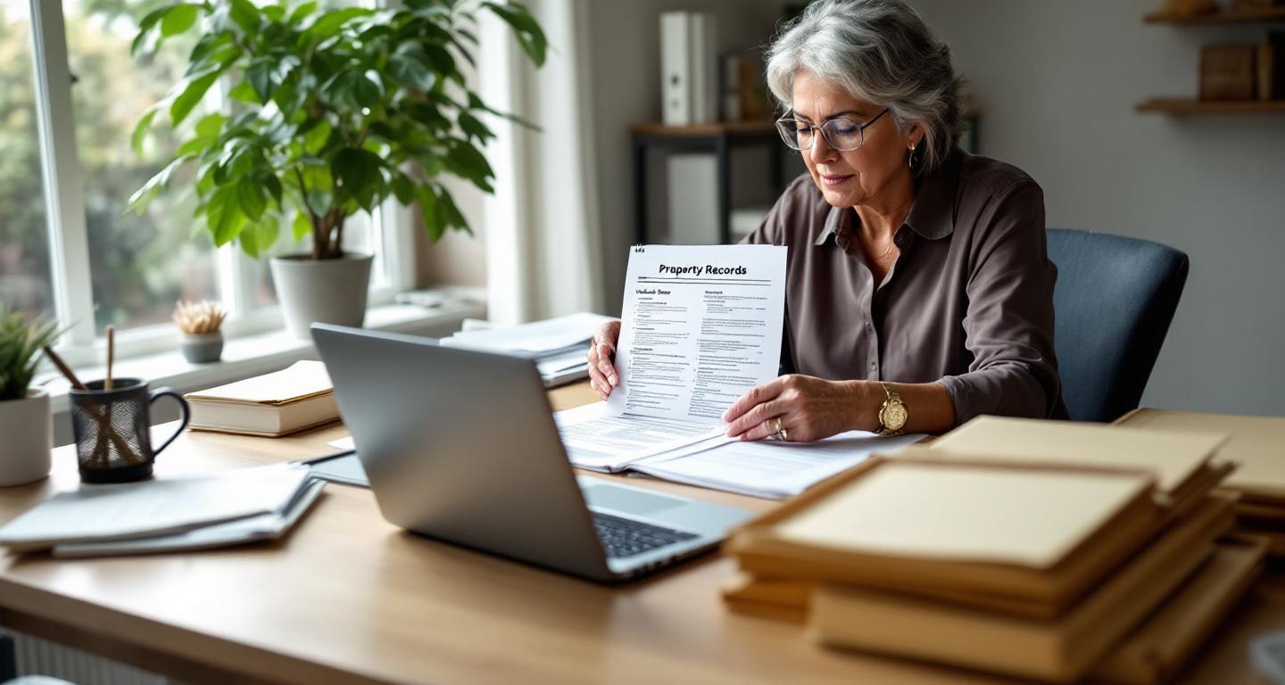 Woman organizing property valuation documents in labeled folders at home office desk
