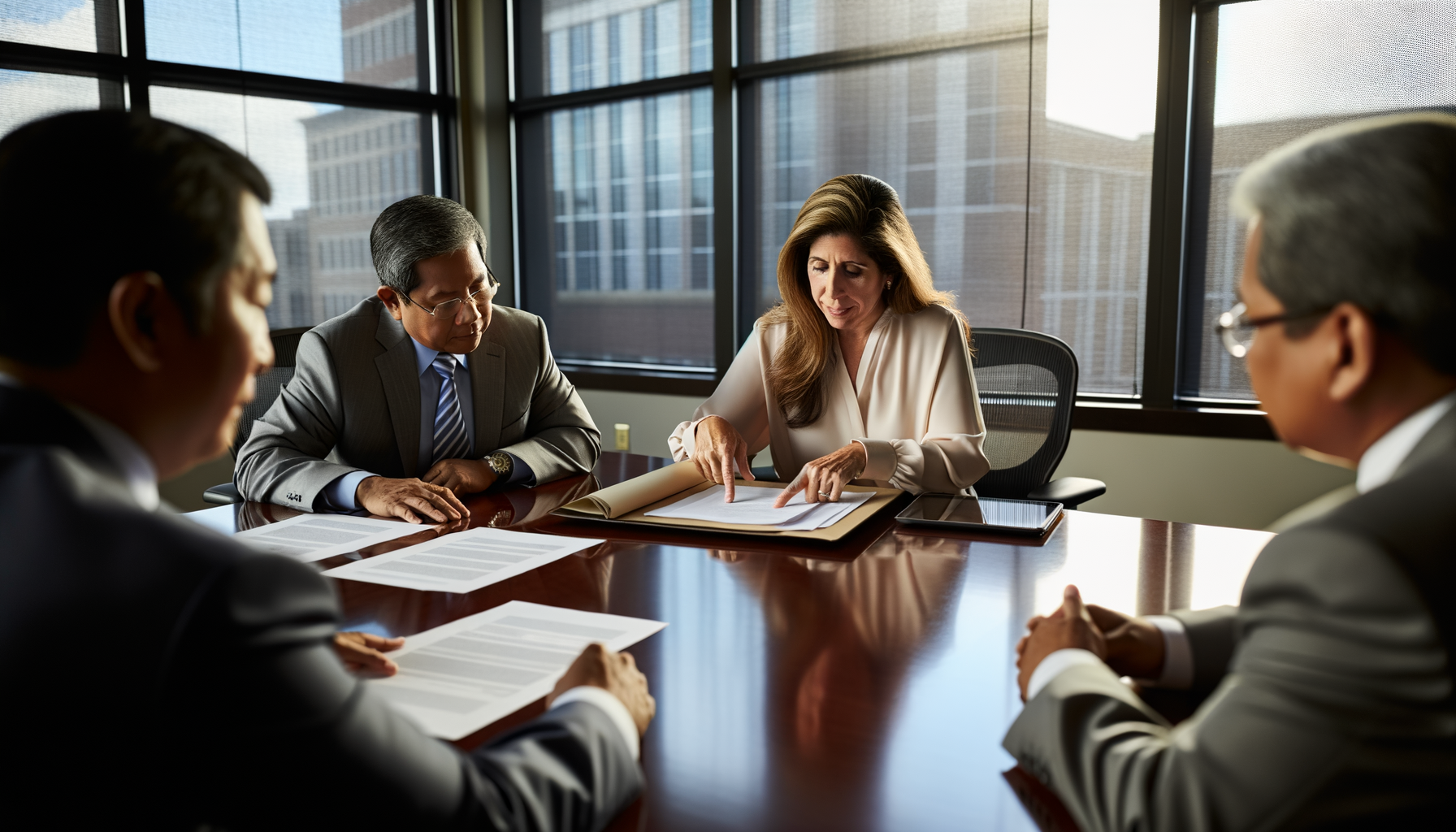 Business professionals reviewing important documents during an advisory consultation meeting