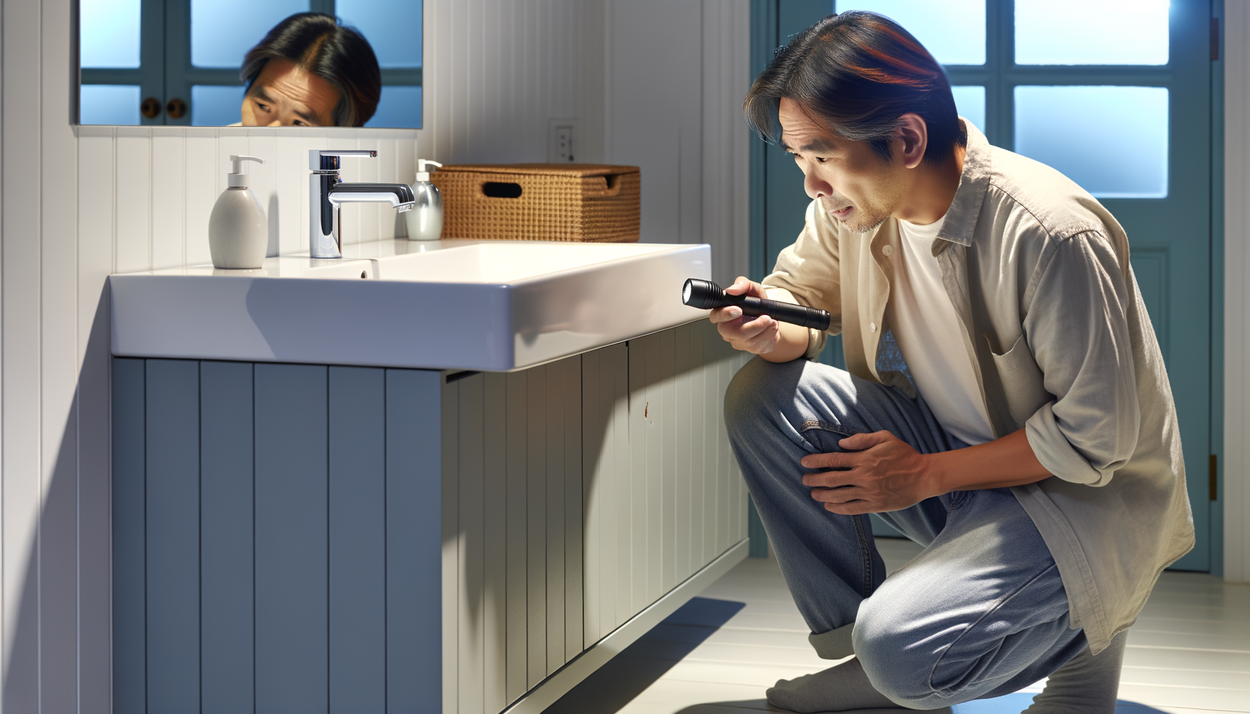 Homeowner inspecting under bathroom sink for early signs of plumbing problems