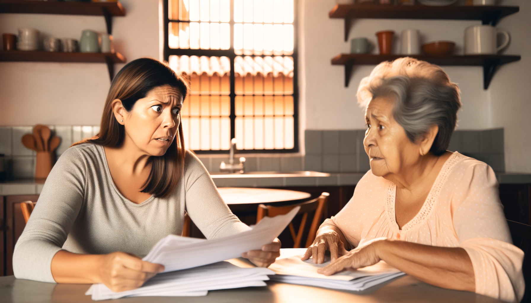 Adult daughter helping elderly mother review important documents at kitchen table