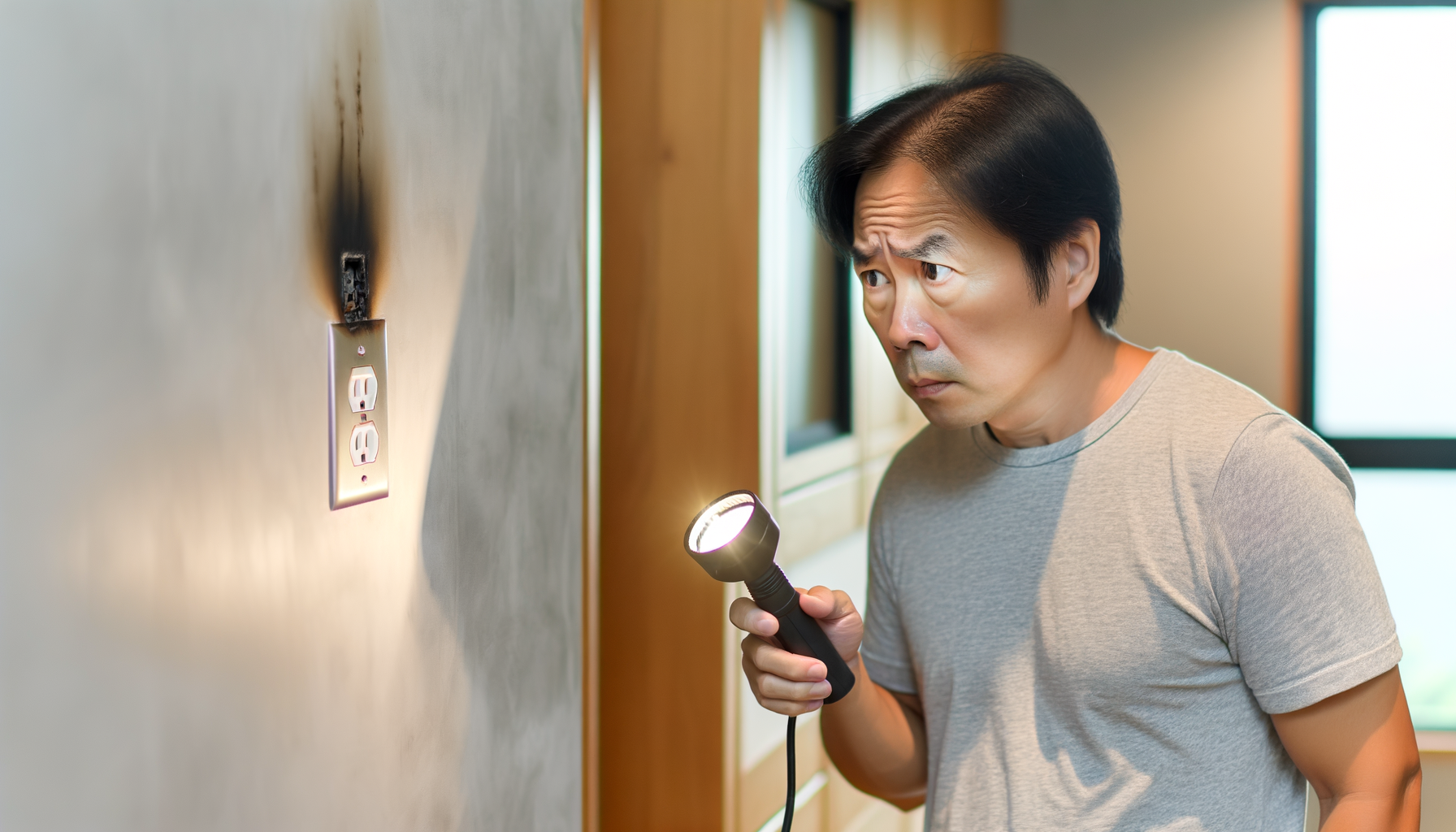 Homeowner inspecting electrical outlet for warning signs of electrical problems