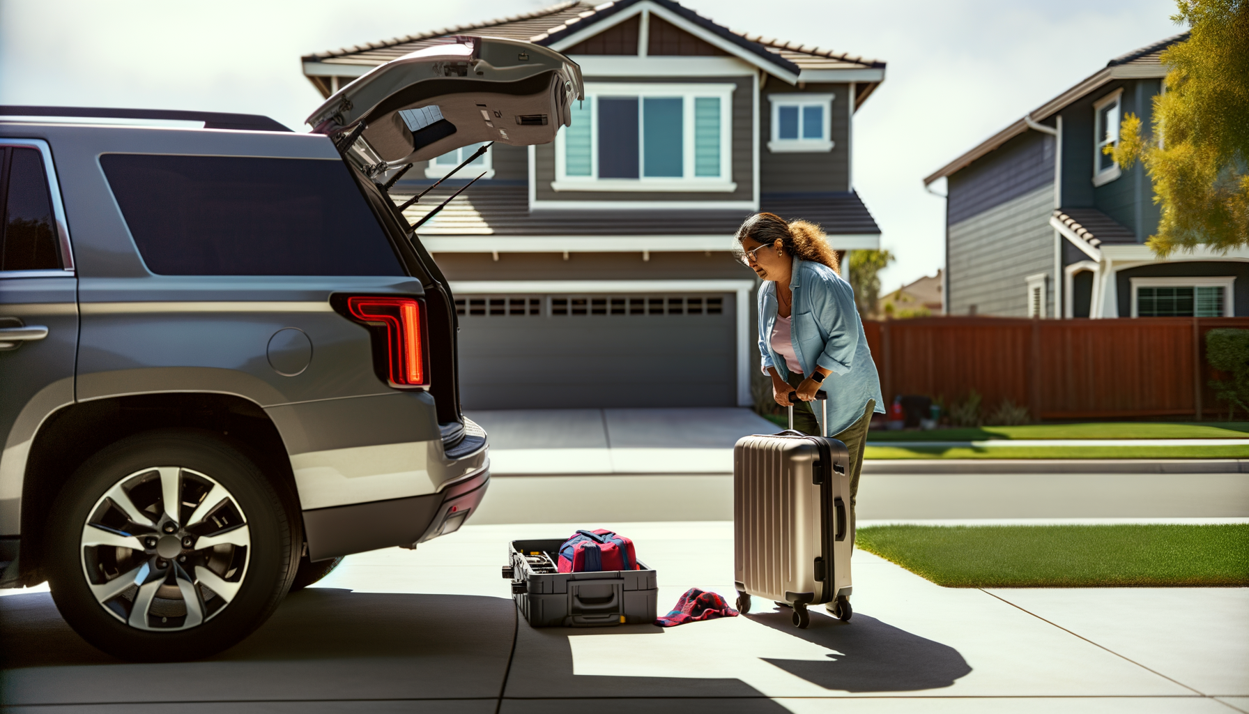 Woman performing pre-trip car inspection by checking under the hood before a long-distance drive