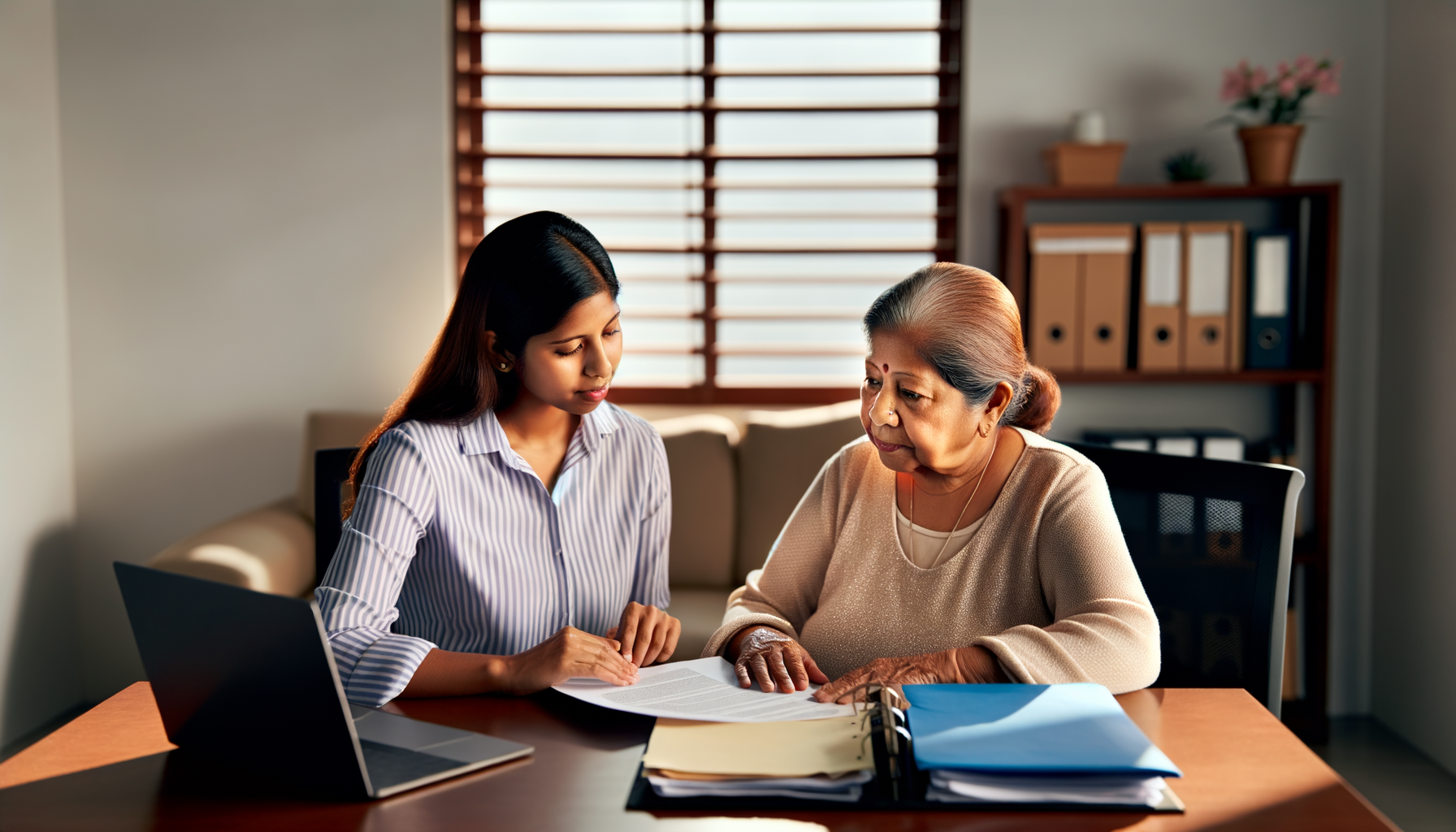 Adult daughter and elderly mother reviewing important elder care documents together at home office desk