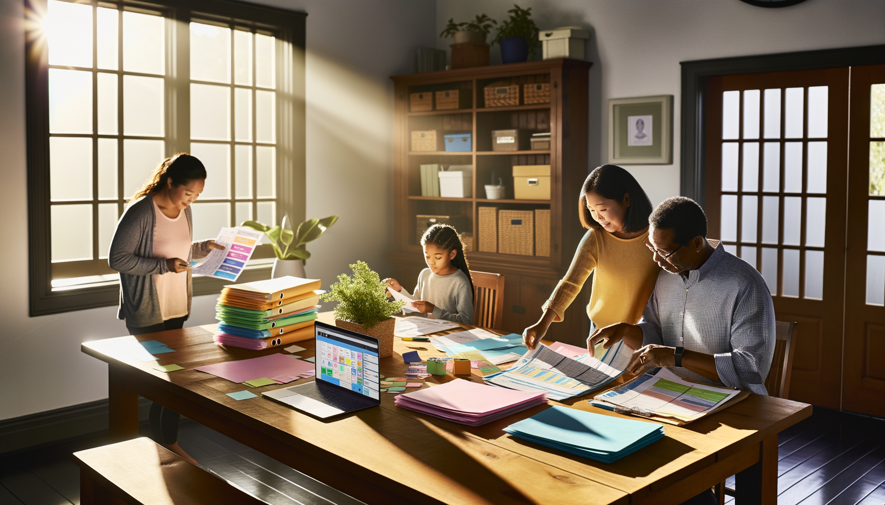 Family organizing health records and wellness documents together at home office table