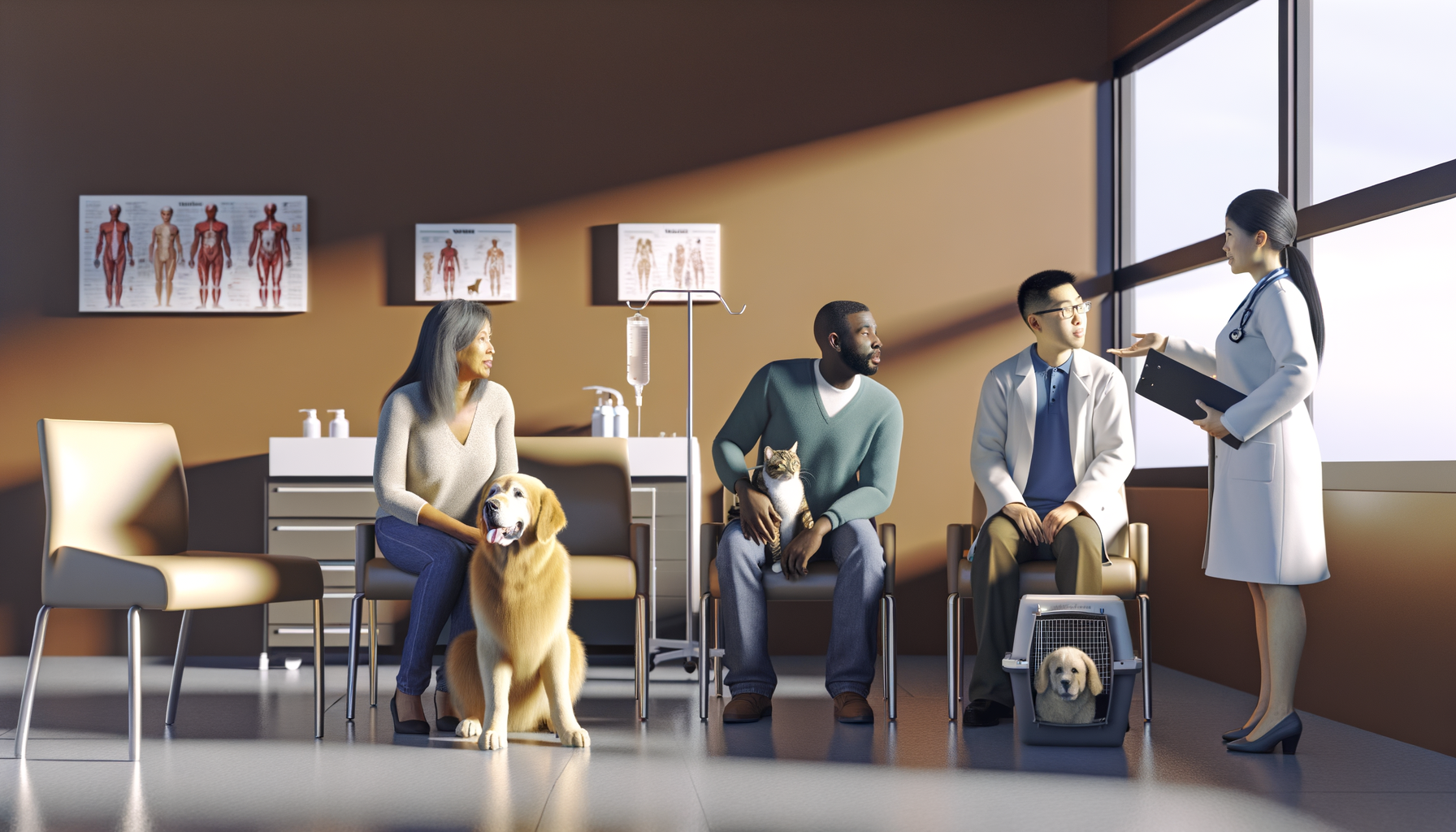 Pet owners consulting with veterinarian in examination room