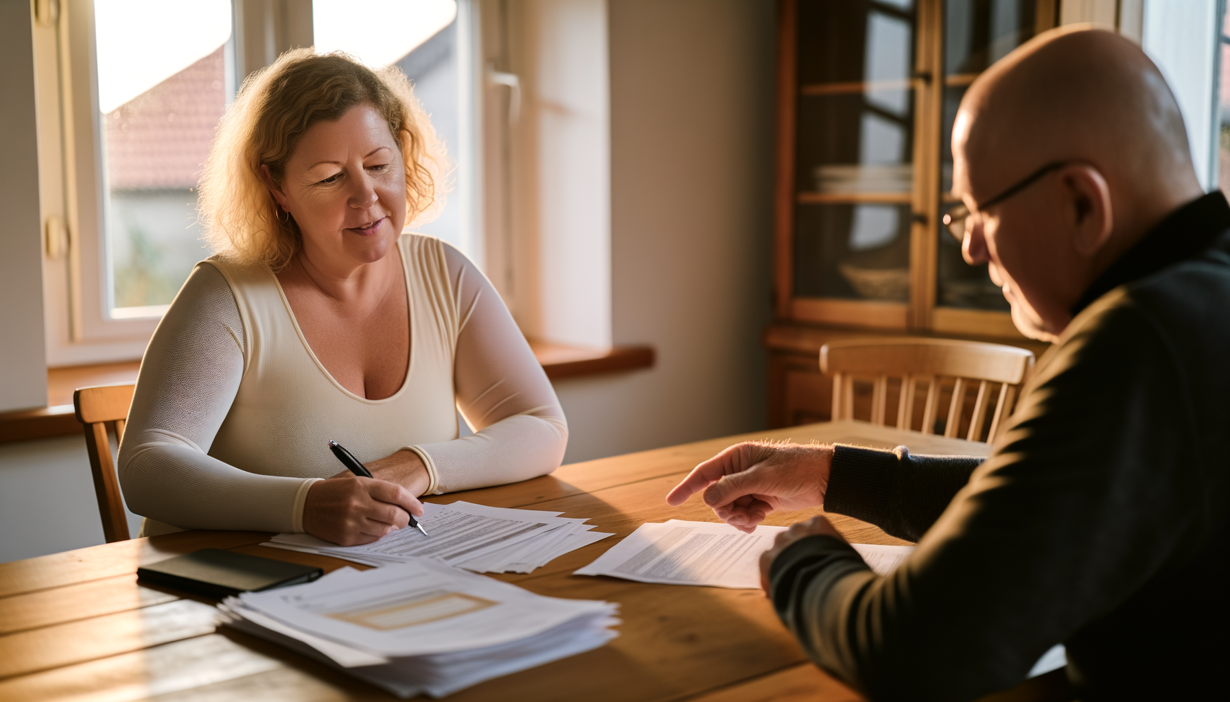 Adult daughter and elderly father reviewing important documents together at home