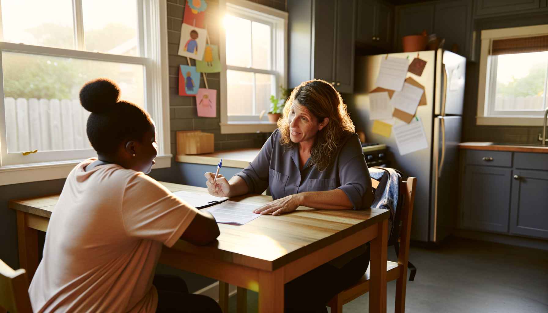 Parent discussing essential caregiving information with babysitter at kitchen table