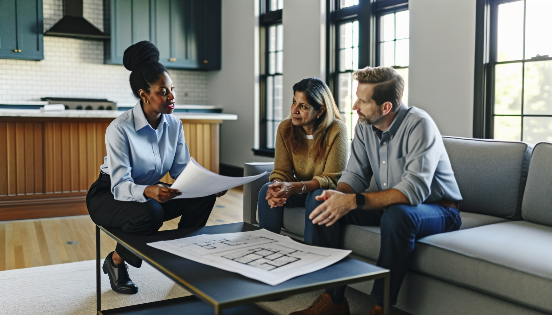 Home contractor discussing renovation plans with homeowners while reviewing documentation