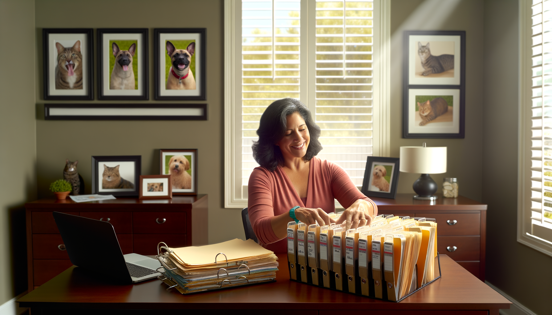 Pet owner organizing veterinary records and pet documents in a home filing system