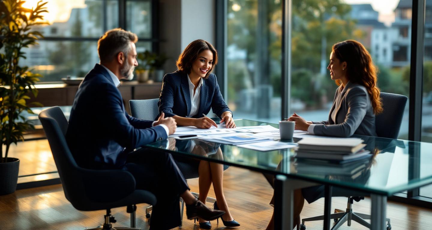 Couple meeting with financial advisor discussing documents in professional office setting