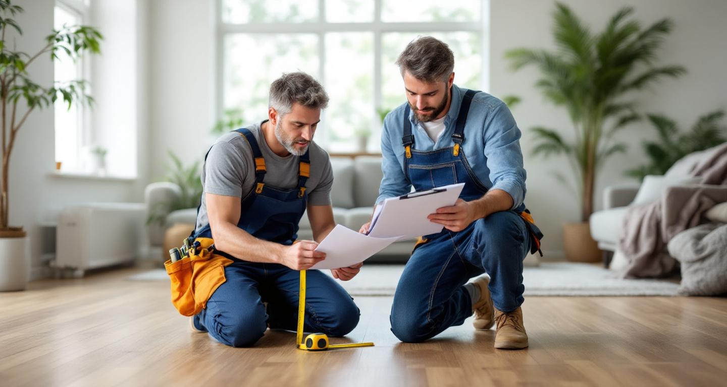 Professional flooring contractor consulting with homeowners about installation project