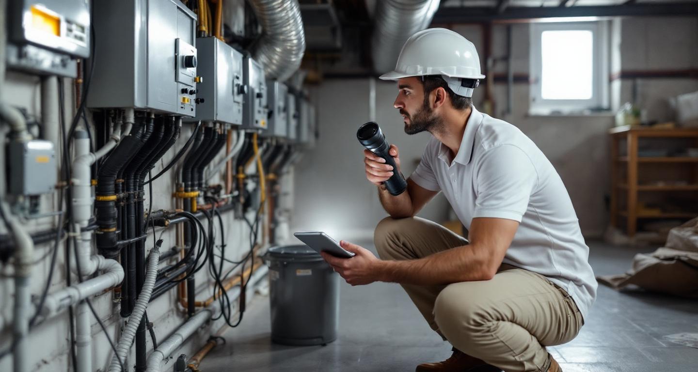 Professional home inspector examining electrical systems with tablet and flashlight in residential basement