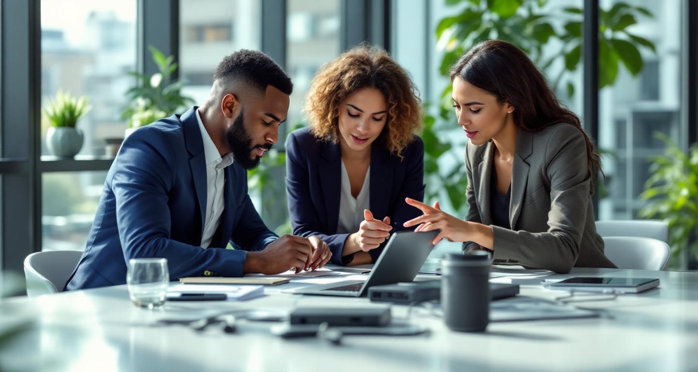 Business professionals discussing IT support services during a consultation meeting