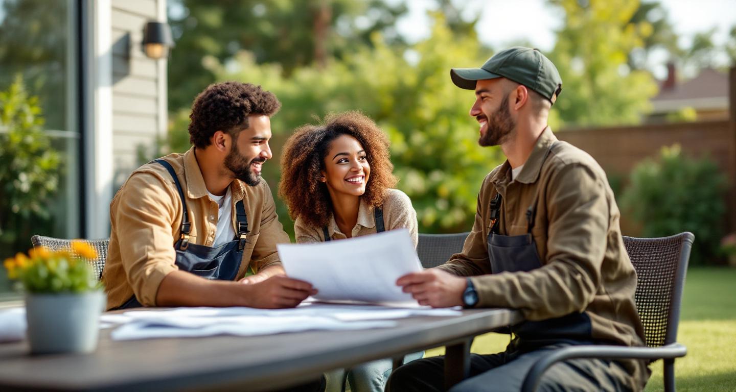 Professional landscaper meeting with homeowners to discuss landscaping project plans