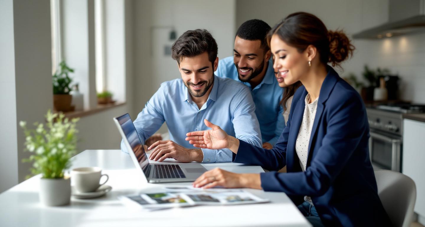 Real estate agent consulting with couple about property options during professional meeting