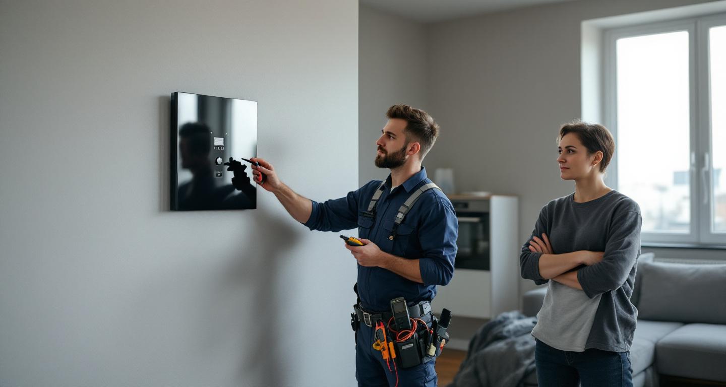 Professional security installer demonstrating system features to homeowner during installation