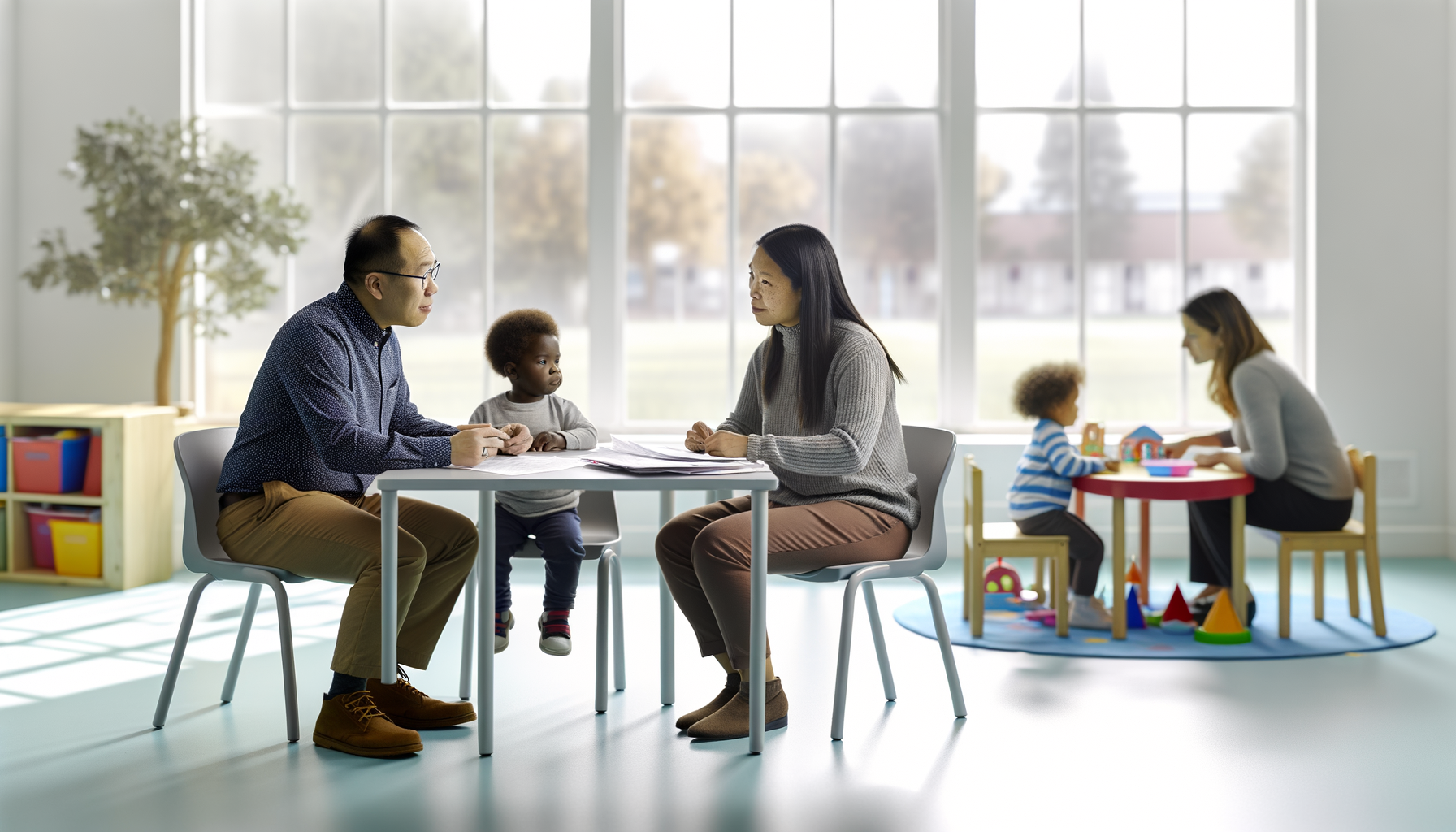 Parents interviewing childcare provider in bright daycare classroom with children playing in background