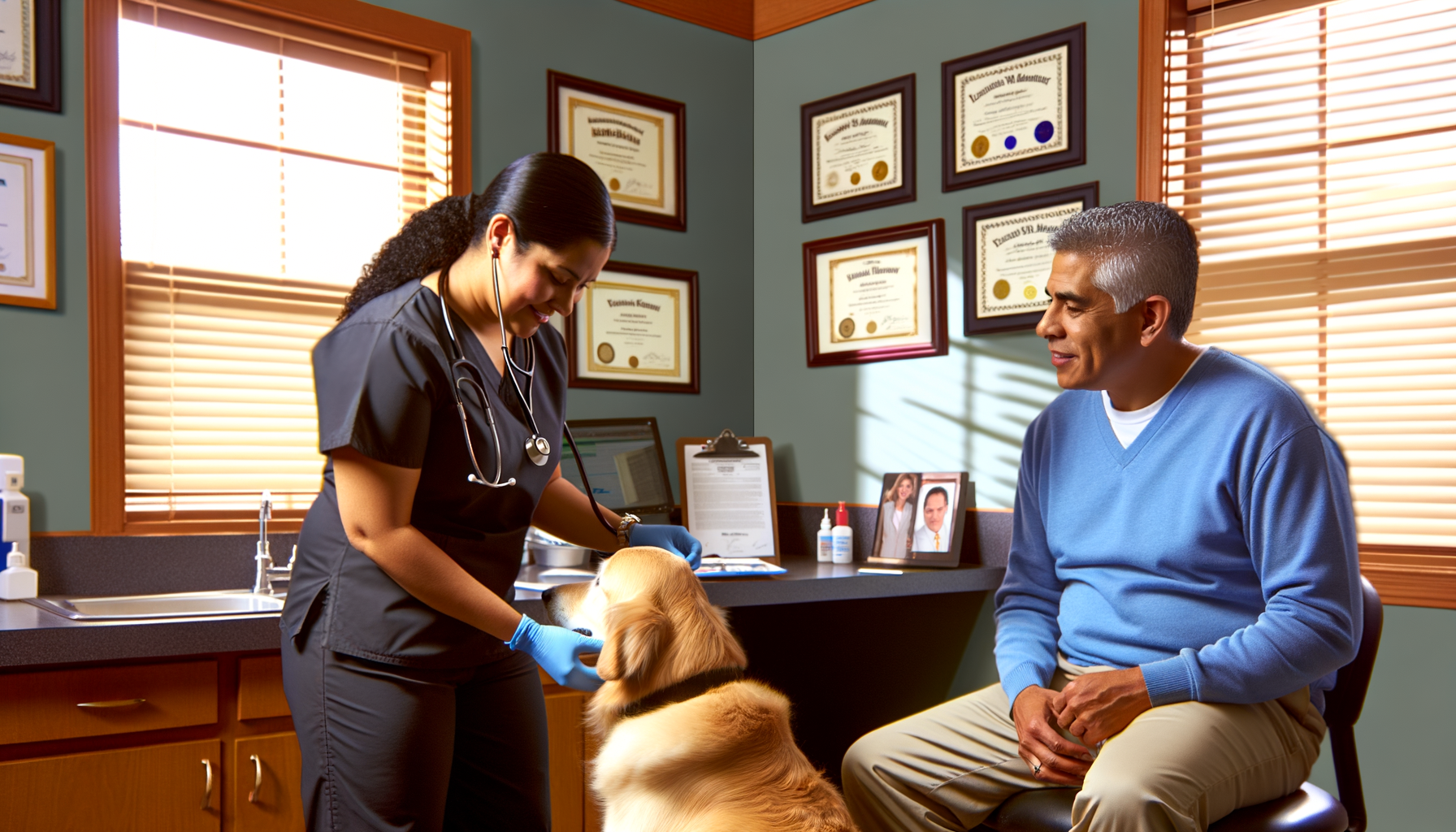 Veterinarian examining golden retriever while pet owner asks questions during consultation