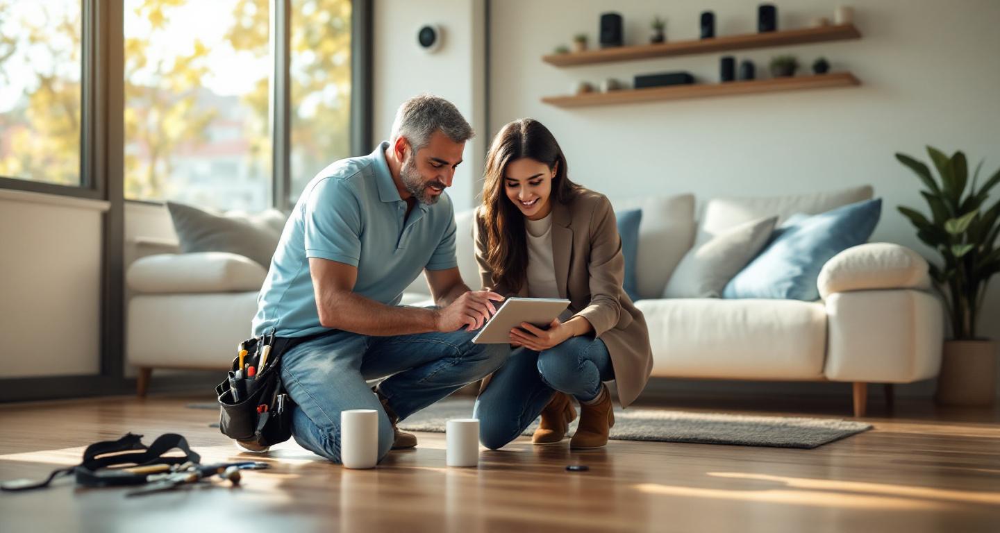 Smart home installer consulting with homeowner about smart device setup in modern living room