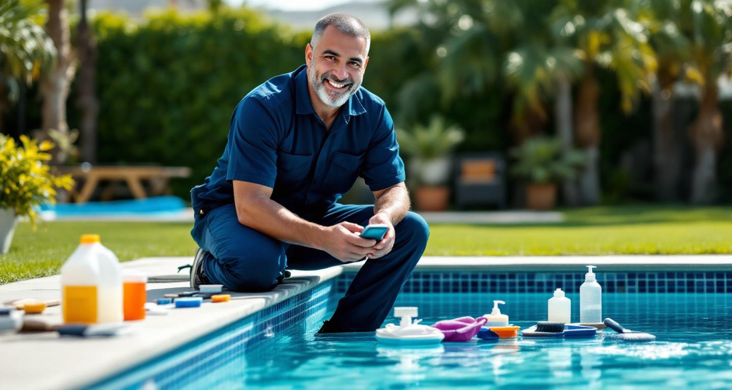 Professional pool technician testing water chemistry beside a clean swimming pool
