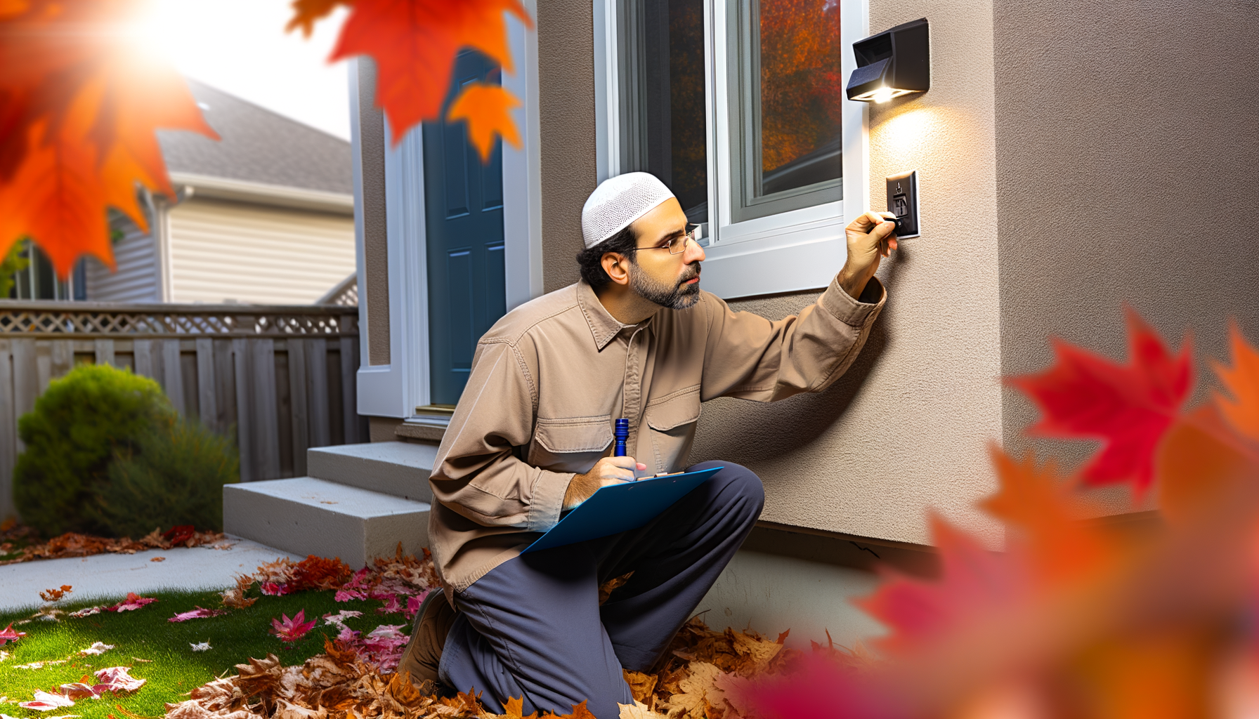 Homeowner conducting seasonal electrical maintenance inspection of outdoor outlet