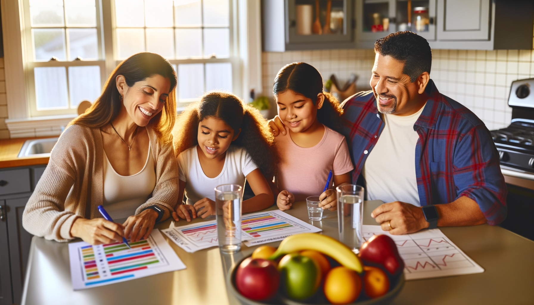 Family reviewing wellness program results together at kitchen table with health tracking materials