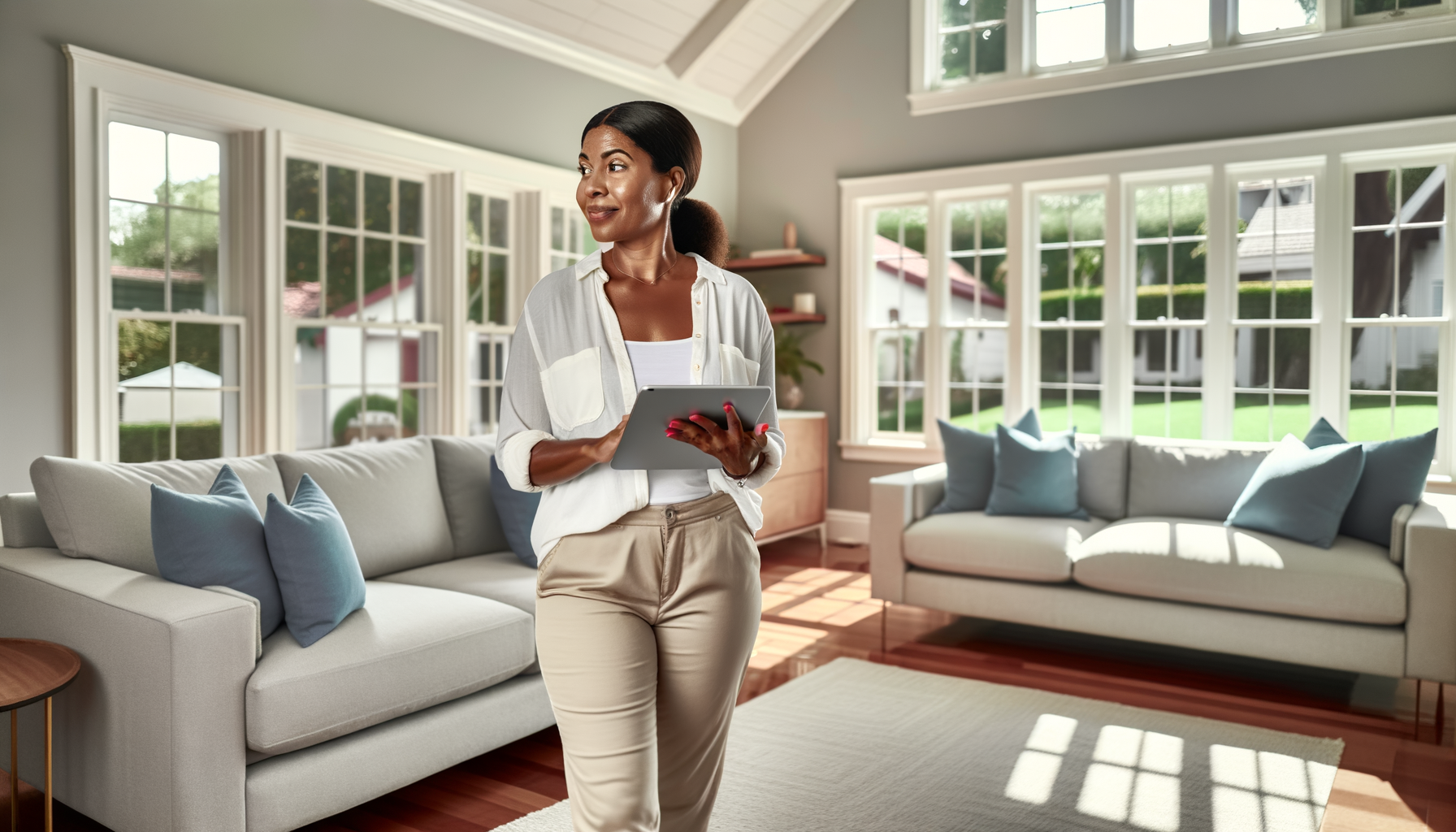 Homeowner evaluating cleaning service quality in bright, professionally cleaned living room