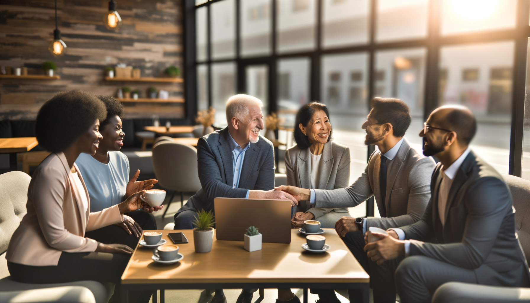 Business professionals networking in a modern coffee shop setting