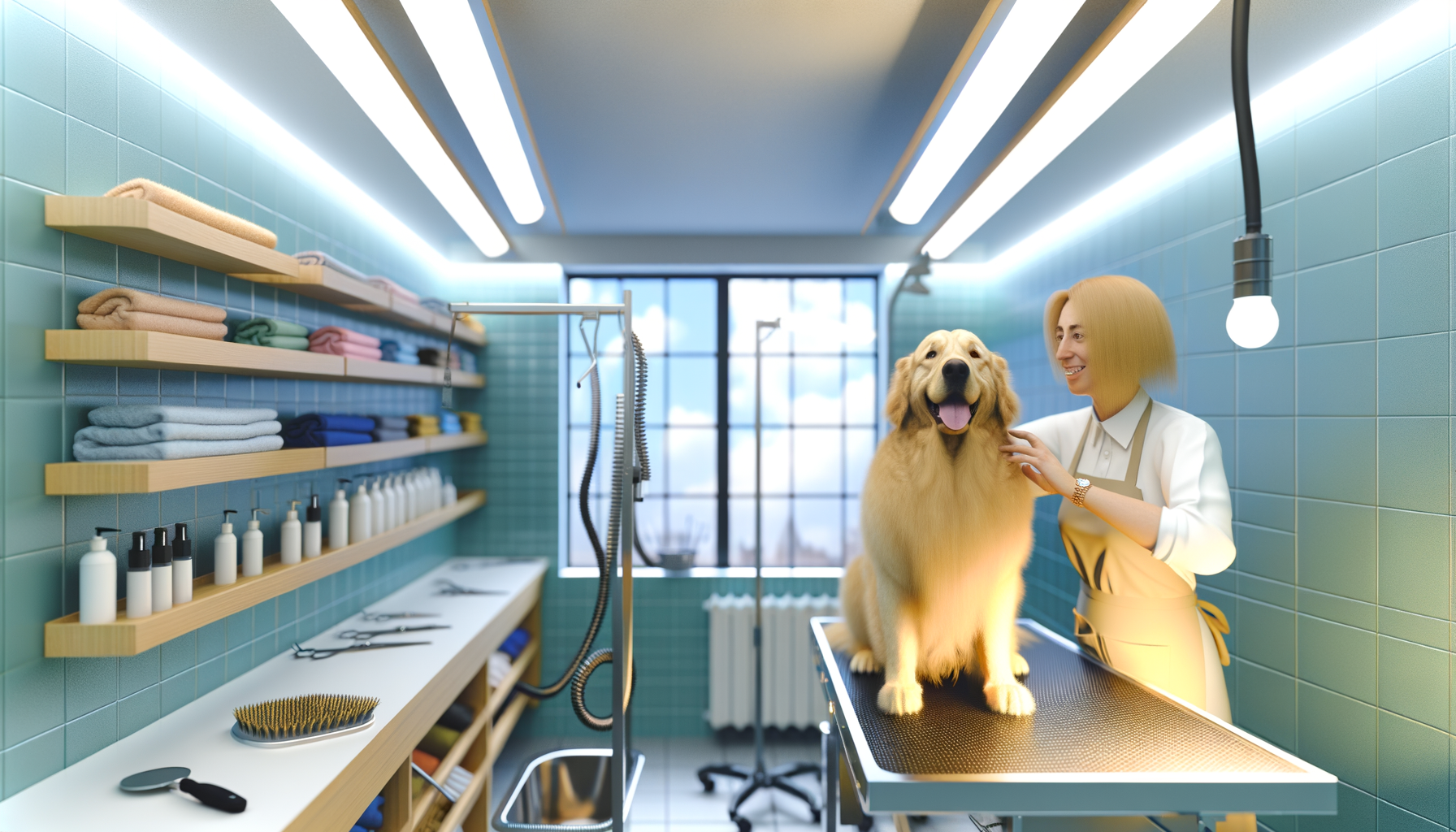 Professional groomer brushing a golden retriever in a well-lit pet grooming salon