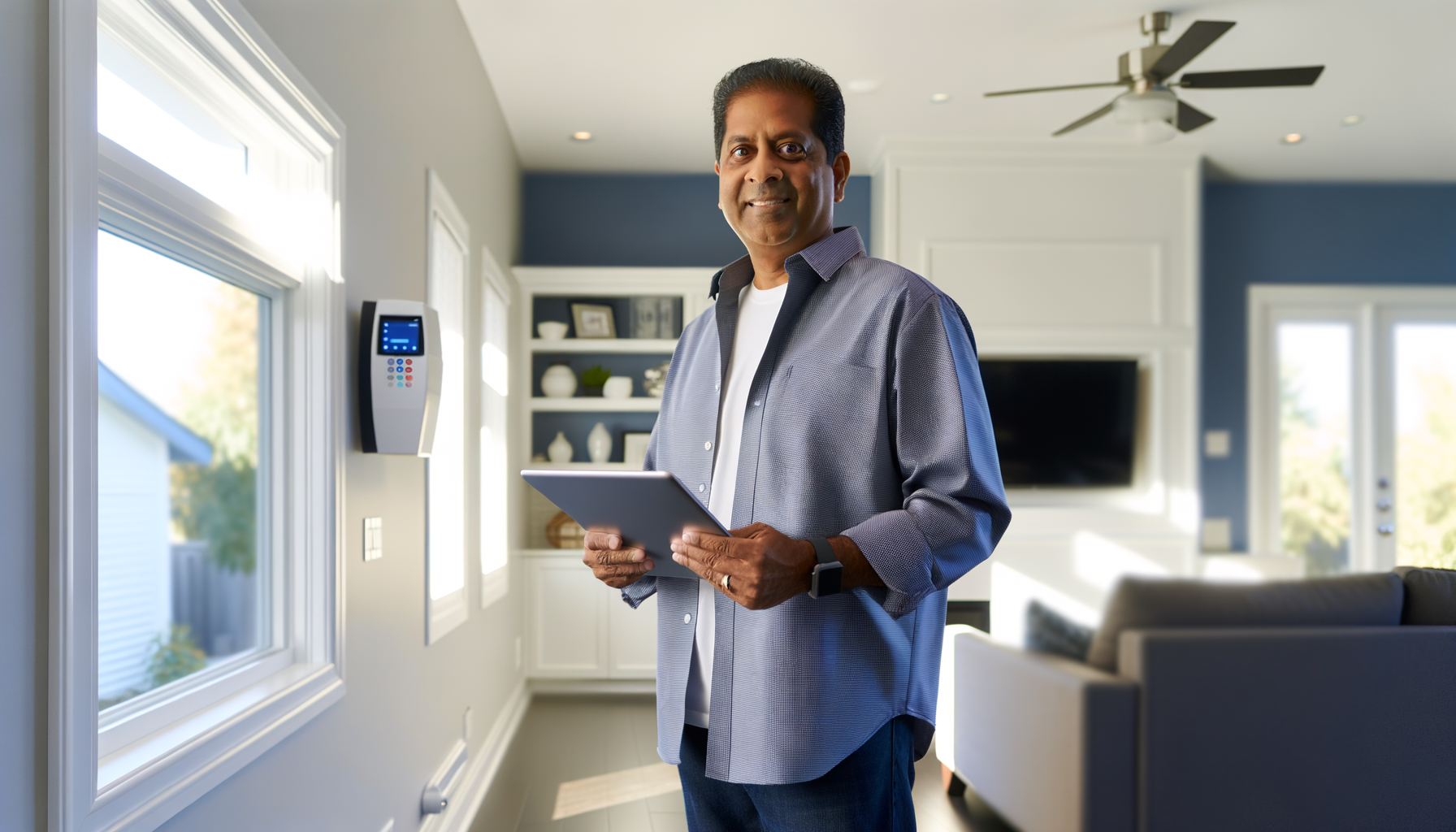 Homeowner using digital device to track home maintenance in well-maintained modern home