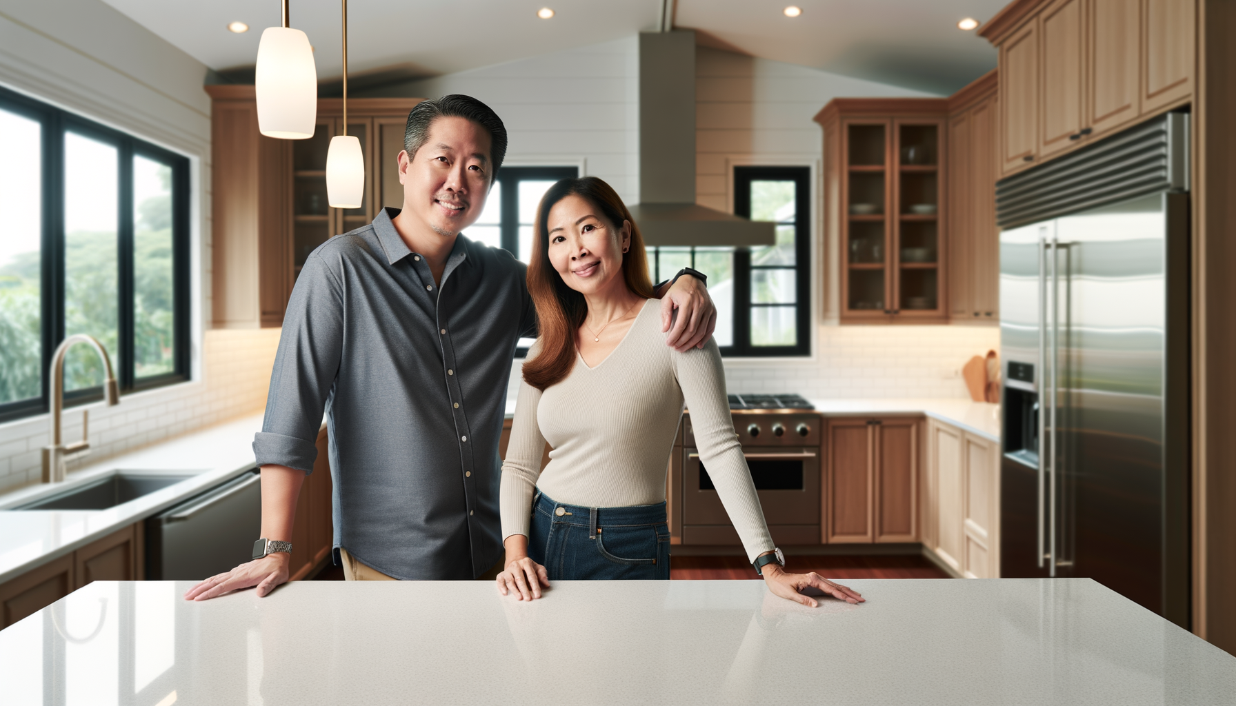 Happy homeowners in their newly renovated kitchen after completing their home improvement project