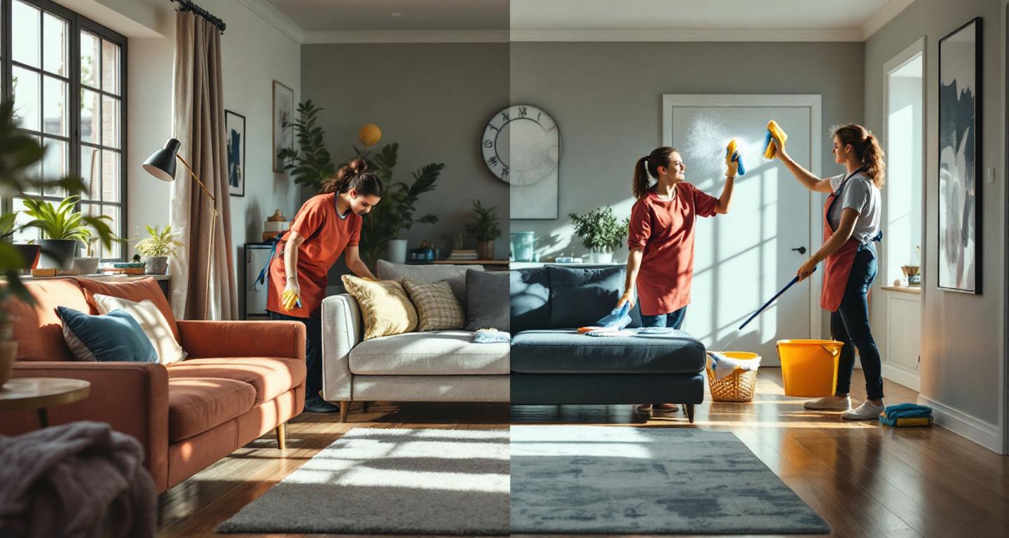 Side-by-side comparison of surface cleaning versus deep cleaning in a modern living room