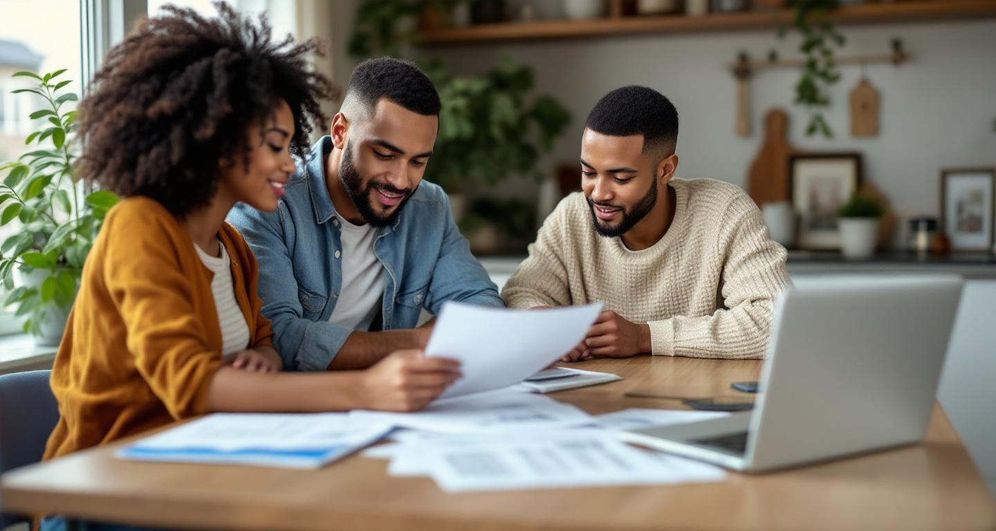 Couple reviewing home appraisal documents and financial plans at kitchen table