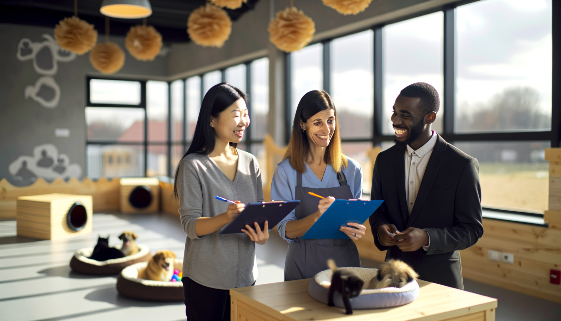Pet boarding facility staff reviewing customer feedback forms while pets play in a clean, bright environment
