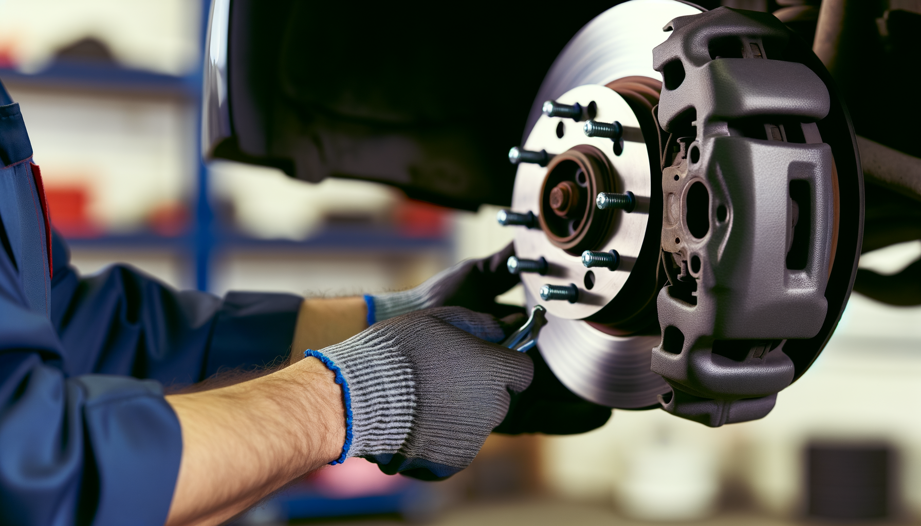 Professional mechanic inspecting brake pads and disc during routine maintenance