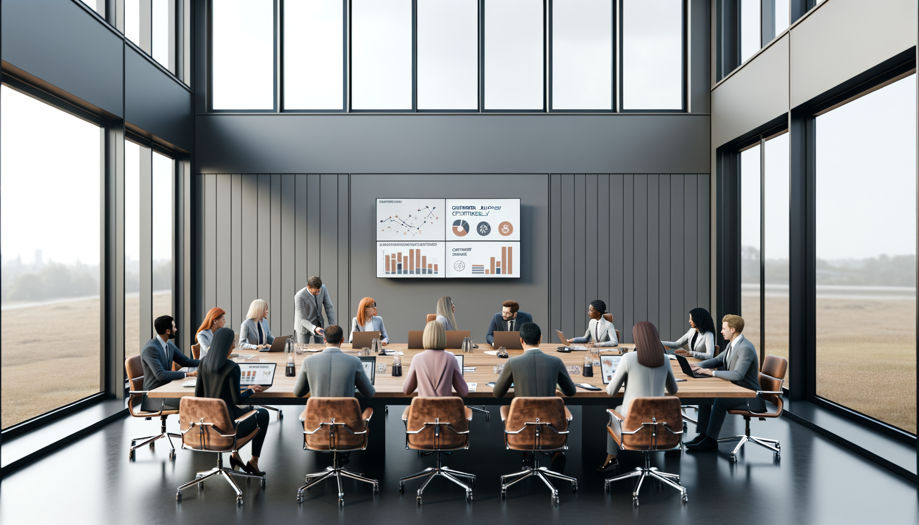 Business team collaborating on customer discovery strategy with charts and data visualizations