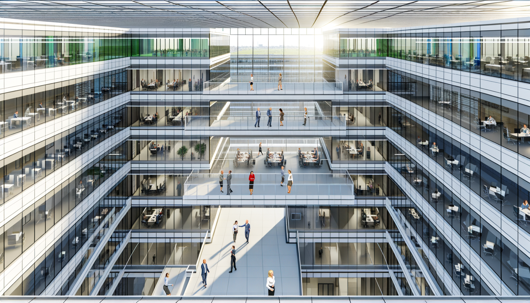 Aerial view of interconnected modern office buildings with glass walkways representing business ecosystem connections